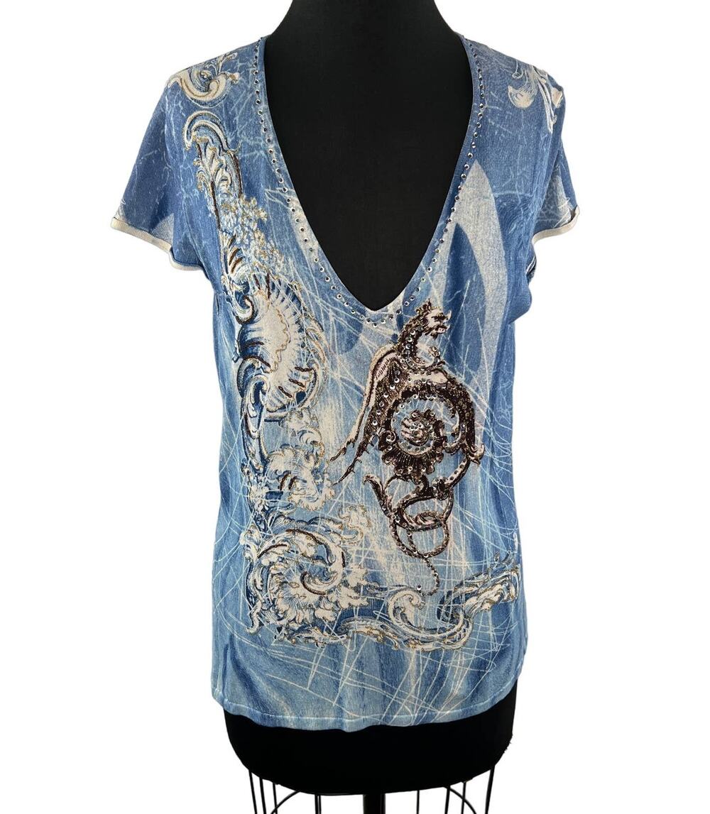 Alberto Makali Blue White Knit Dragon Rhinestone V-Neck Short Sleeve Shirt XL